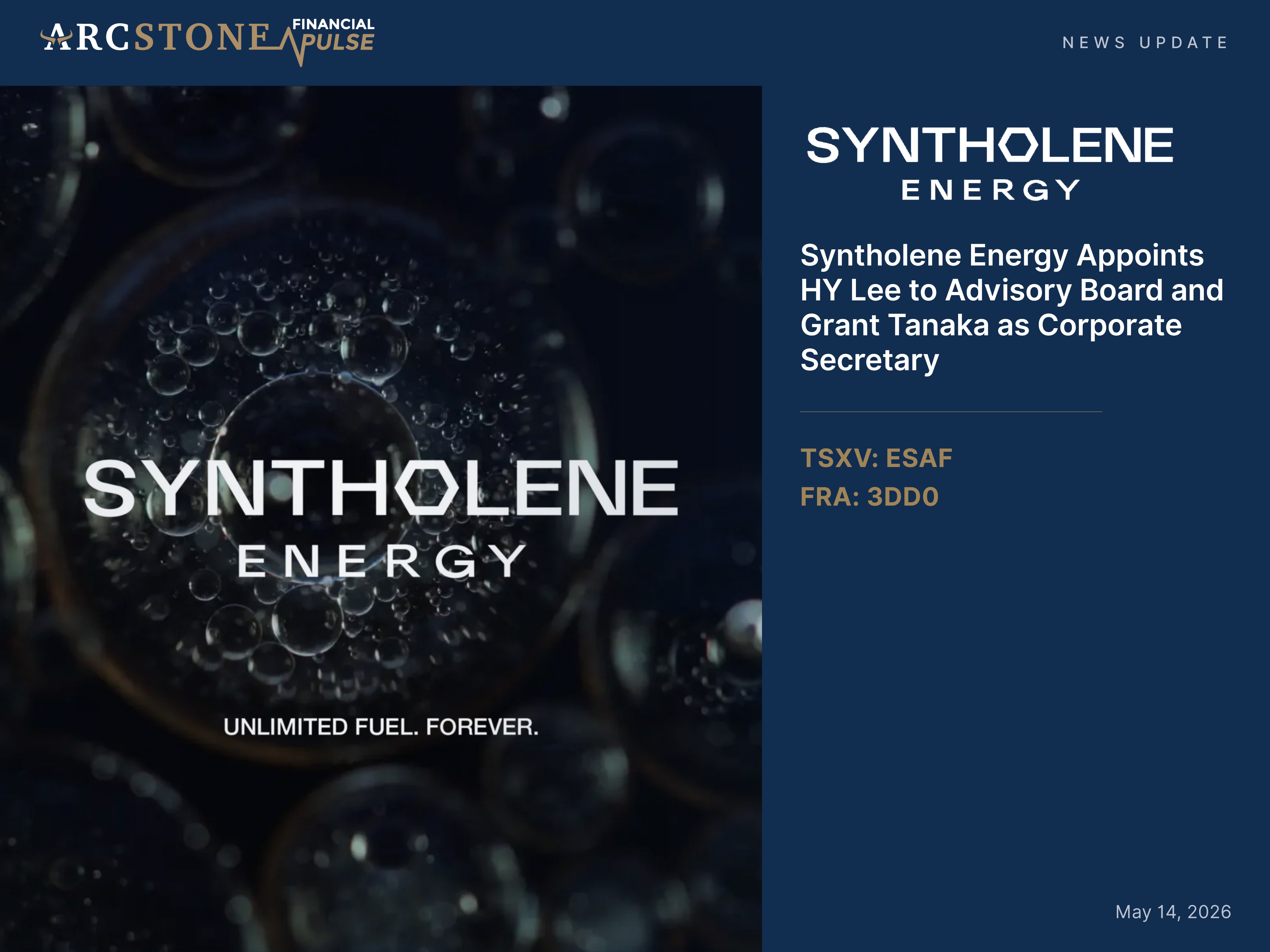 Syntholene Energy Appoints HY Lee to Advisory Board and Grant Tanaka as Corporate Secretary