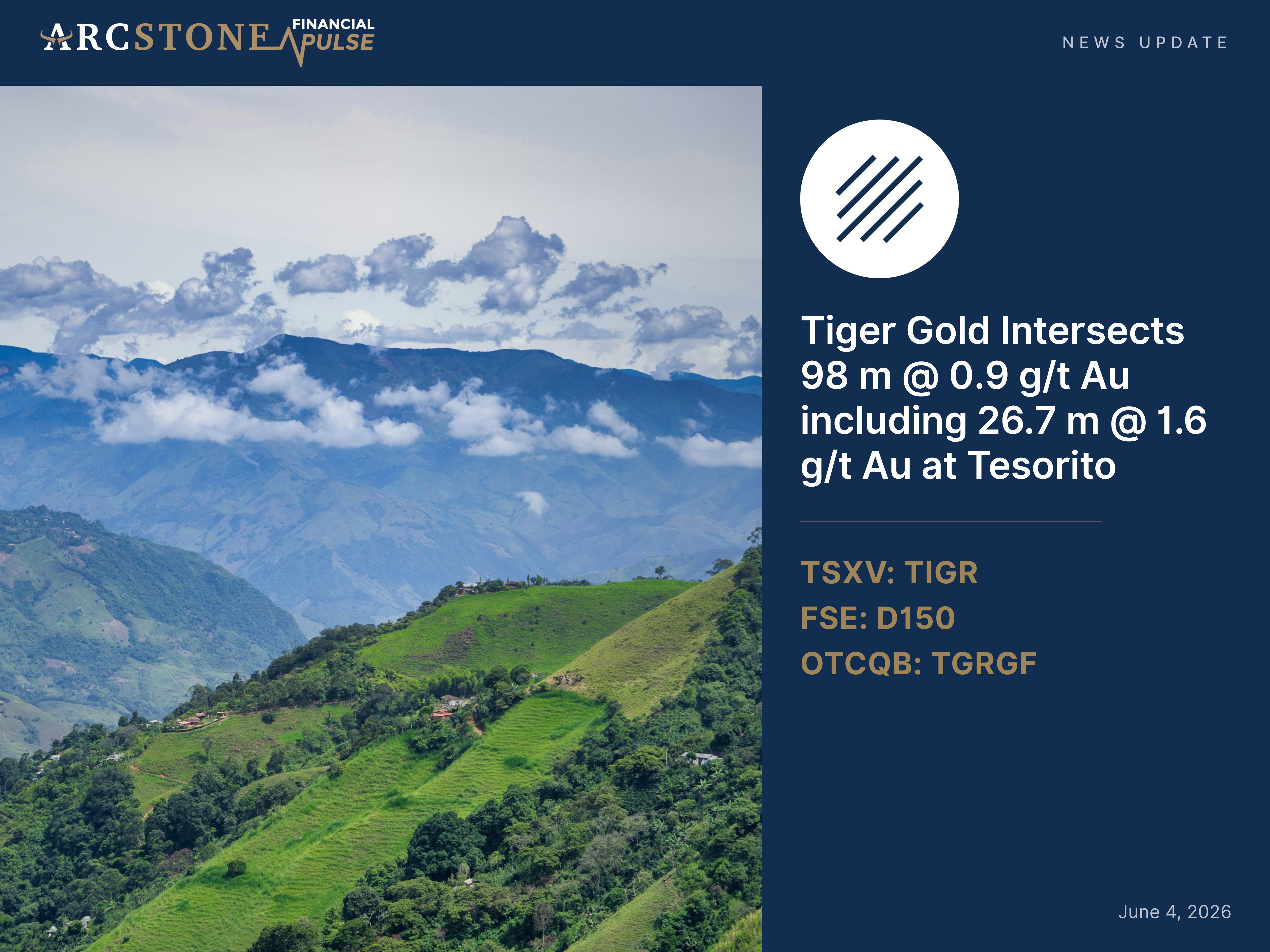 Tiger Gold Intersects 98 m @ 0.9 g/t Au including 26.7 m @ 1.6 g/t Au at Tesorito