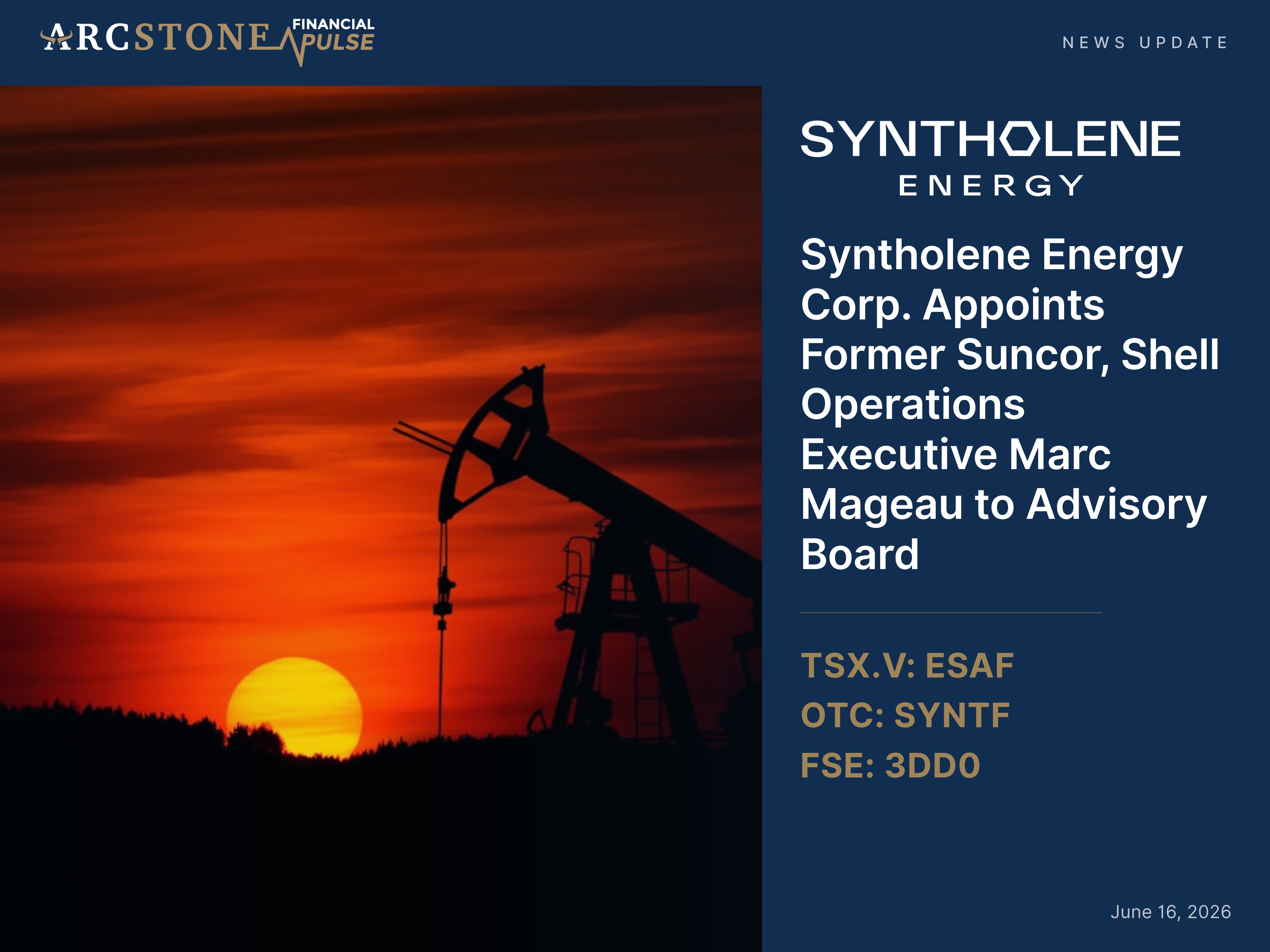 Syntholene Energy Corp. Appoints Former Suncor, Shell Operations Executive Marc Mageau to Advisory Board